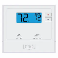 Square push-button digital thermostat for heat or cool applications. Operates on 18V AC with manual changeover and system settings of Cool-Heat-Off. Features Auto-On fan settings, easy-access battery compartment, and terminal designation B. Temperature control range 44° to 90°F with adjustable differential 0.2°F to 2°F. Horizontal mounting.