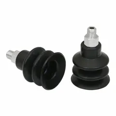 Multi-bellows vacuum pad assembly with 2.5 folds, designed for handling delicate components in pick-and-place applications. Features M5 connection, 21 mm pad diameter, NBR material with 55 A durometer, black color, and 27.1 mm pad height.