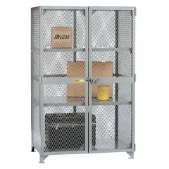 This industrial ventilated shelf cabinet from LITTLE GIANT features a gray finish with ventilated body panels for airflow. It includes 2 fixed shelves and is supported by legs. The assembled frame provides a ready-to-use storage solution for warehouses, factories, and maintenance facilities.