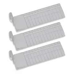 Drawer divider kit for organizing medical cart drawers. Includes three clear short dividers made of styrene acrylonitrile. Each divider measures 1/2 inch wide. Suitable for separating supplies or instruments in clinical storage.