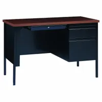 This HIRSH rectangular office desk features a 45-inch-wide Black Matrix particle-board desktop supported by a black steel frame. It includes one pedestal with two drawers for storage and a modesty panel for a finished look. Suitable for home or commercial workspaces requiring a compact desk