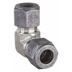 This PARKER Ferulok series compression fitting elbow is a flareless bite-type stainless steel fitting for 1/4 in OD tubing. It features 7/16-20 x 7/16-20 thread sizes and is designed for connecting tubing in industrial hydraulic and pneumatic systems without flaring.