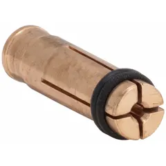 This copper collet is used in B-type stud welding to align and hold studs during capacitor discharge or drawn-arc welding. It accommodates studs with a 3/32 in (14 ga) diameter and lengths from 1/4 in to 1-1/4 in. Typical applications include sheet metal fabrication and construction.