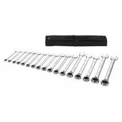 This 17-piece set includes metric 12-point ratcheting combination wrenches ranging from 8 mm to 25 mm. The wrenches are made of alloy steel with a chrome finish and come with a storage pouch. Suitable for tightening and loosening fasteners in automotive, machinery, and industrial applications.
