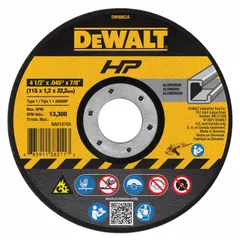This DEWALT cut-off wheel is a Type 1 general-purpose abrasive wheel for cutting soft metals such as aluminum and copper. It measures 4-1/2 inches in diameter, 0.045 inches thick, with a 7/8-inch arbor hole. The wheel features 60-grit aluminum oxide bonded in an A60N grade, suitable for fabrication, maintenance, and repair tasks.