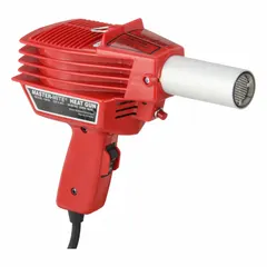 This pistol-grip heat gun is designed for shrinking polyolefin and PVC shrink wrap in packaging, electrical insulation, and cable sealing applications. It operates on 230V AC with a three-prong plug and draws 2 A current. The kit includes one bare tool, one attachment, and one stand for controlled heat application.