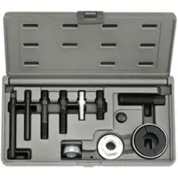 This puller set is designed for removing steering wheels, pulleys, and flywheels on GM and Chrysler engines, with application on late model Ford vehicles. It includes a blow molded case for organized storage and transport