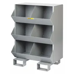This stationary stacking bin unit from LITTLE GIANT features a pallet base with 6 compartments in gray. It is designed for organizing and storing parts, tools, or materials in industrial facilities, warehouses, and workshops, allowing efficient segregation and access to small-to-medium items.