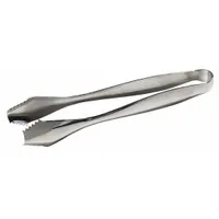 Stainless steel serving tongs with a silver finish, measuring 7 inches overall. Suitable for handling ice in foodservice or bar settings. Dishwasher safe for easy cleaning. Sold as a single piece