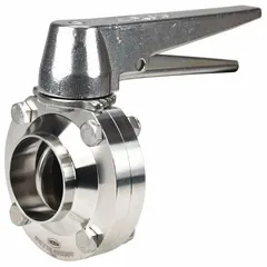 This 3-inch butterfly valve features a 316L stainless steel body and disc with an average surface roughness of ≤ 32 Ra, suitable for sanitary processing lines requiring 3-A certification. The lever handle offers 13 stop positions, and the valve is rated for a maximum pressure of 110 psi CWP. Connection type is solder.