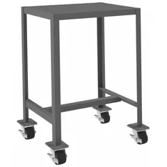Fully assembled steel-top mobile worktable with a powder-coated steel top and welded-only powder-coated frame. Mounted on four swivel locking phenolic casters with plate mounts. Fixed height, not expandable or modular. Overall load capacity 2,000 lb. Suitable for assembly, maintenance, and industrial workstations.