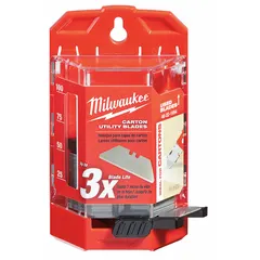 Steel replacement blades with straight edge and round tip, 3/4 in width and 0.025 in thickness. Suitable for cutting cardboard, plastic, and other sheet materials in packaging and general industrial tasks. Fits standard snap-off utility knives.