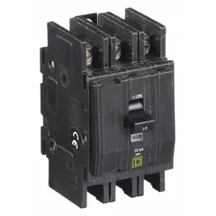 Three-phase miniature circuit breaker from the QOU Series, rated 10 A at 120/240V AC with a maximum interrupting rating of 10kA. Unit-mount design with three poles. Suitable for overcurrent protection in branch circuits serving heating equipment.