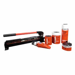 The POWER TEAM SK25T is a hydraulic lifting set with a 25 ton nominal cylinder capacity. It includes a C256C cylinder, P59L pump, and model 9040 components. This set is used for pressing, pulling, and positioning heavy components in industrial maintenance and repair applications.
