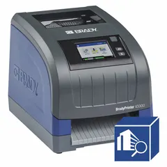 Single-color thermal transfer desktop printer with a maximum label width of 4 1/4 inches. Includes battery, Brady Workstation Design and Print Pro — Safety and Facility ID Software, and product CD with user manual. Suitable for creating identification labels for pipes, equipment, and signage in industrial settings.