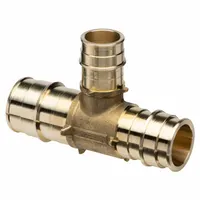 Brass barbed tee with three barbed connections for PEX tubing. Uses expansion method for installation. Accommodates 1 1/2 in, 1 1/4 in, and 1 in ID tubing. Suitable for potable water and hydronic heating systems