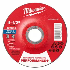 General purpose cut-off wheel for carbon and stainless steel. Type 27 depressed center design with 46 grit aluminum oxide abrasive. Dimensions: 4-1/2" diameter, 0.045" thickness, 7/8" arbor hole. Suitable for cutting and slotting in metal fabrication and maintenance tasks.