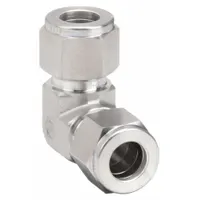 This double-ferrule stainless steel compression fitting elbow connects two 8 mm OD tubes at a 90-degree angle. It is used in industrial tubing systems for pneumatic, hydraulic, and instrumentation applications requiring a leak-tight, vibration-resistant joint