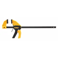 This dual-function tool operates as both a clamp and a spreader with one-handed trigger control. It has a 6-inch maximum jaw opening and a 3-inch throat depth, suitable for holding workpieces together or apart in woodworking and general assembly tasks.