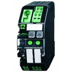 Two-channel electronic circuit protector with eight connections and adjustable current ratings of 1 A, 2 A, 4 A, or 6 A. Rated for 30V DC input. Used to protect control circuits in automation and machinery applications.