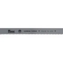 Carbide-tipped band saw blade for cutting stainless steel and hard alloys. Features a raker/variable cutting edge geometry. Blade width is 1 in, length is 15 ft. Suitable for industrial metalworking applications requiring precision and durability.