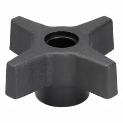 This 4-arm knob features a plastic body with a steel thread insert and a 5/16"-18 threaded through-hole. With a 2.46 in diameter, it provides a manual grip interface for adjustment, clamping, or positioning tasks on industrial machinery and workholding equipment.