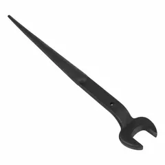 This SAE offset open end spud wrench is made of alloy steel with a black oxide finish. It features a 2-1/2 in head size and 9/16 in head thickness. The offset design provides clearance in tight spaces, and the hole allows for hanging or tethering. Commonly used for aligning bolt holes and tightening nuts and bolts in structural steel applications.
