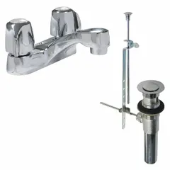 This brass knob faucet handle features a chrome finish and a 3-wing canopy design. It is compatible with Gerber faucets and includes a pop-up assembly for sink drain operation. Suitable for both hot and cold water applications.