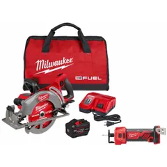 This kit includes two 18 V DC cordless tools: a circular saw and a cut-off tool, with battery included. Designed for cutting and cutting-off tasks in construction, metalworking, and maintenance, it provides a matched set for on-site mobility.