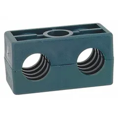 This beta clamp features a 304 stainless steel clamp and a polypropylene cushion with a textured core. It is used to secure and dampen vibration in industrial piping and tubing systems, reducing noise and wear.