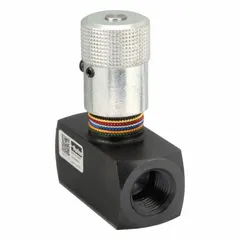 Manual needle valve with rotary knob operator for precise flow regulation in hydraulic and pneumatic systems. Steel body with 1/2 in NPT connections, rated for maximum pressure of 5,000 psi. Suitable for industrial machinery and process lines requiring manual flow control.