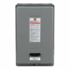 Enclosed non-reversing magnetic motor starter with thermal overloads for starting and protecting single-speed AC motors. Features 3 poles, 50 A rating, and 480V AC coil. Requires 3 thermal units (not included) for overload protection. Suitable for industrial applications such as pumps, fans, and conveyors.