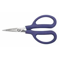 Multipurpose scissors with straight, pointed steel blade and blue plastic handle. Overall length 6 1/2 inches. Suitable for cutting cardboard, plastic, tape, and light wire in general industrial and maintenance tasks.