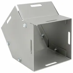 This 45-degree elbow is used to change the direction of indoor wireway runs in electrical distribution systems. It is constructed from 16 ga steel with a powder-coated finish and features a hinged/screw-on cover that can be placed on the top or bottom, secured with screw clamps. Overall length is 7.125 in. No knockouts are provided.