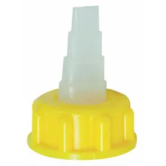Yellow threaded retaining ring made of polyethylene. Secures the cap assembly on adhesive bottles for reliable sealing during dispensing. Used in fluid-management applications.