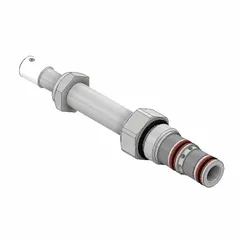 Screw-in, two-position, three-way solenoid cartridge valve with C08-3 cavity size. Constructed with steel and polyurethane seal. Used for directional control in hydraulic systems, enabling flow switching or pressure relief in industrial machinery and mobile equipment.