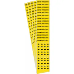 Yellow adhesive pipe markers with black legend reading 'Sodium Hypochlorite' and flow-direction arrows. Designed for pipes with outside diameter of 3/4 in and smaller. Pack of 5 markers for identifying pipe contents in industrial facilities.
