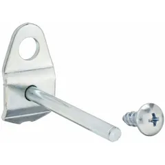 Steel hook with zinc-plated silver finish for round-hole pegboards. Features a screw-in locking system for secure surface mounting. Includes screws. Sold in a 10-pack. Commonly used in workshops, garages, and retail displays to organize tools and other items.
