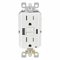 USB Receptacle: Decorator Duplex, 5-15R, USB Type A/C, White, 125V AC, 15 A, GFCI (MPN GUAC1-W)