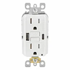 This weather-resistant decorator duplex receptacle combines a 5-15R 125V AC 15A outlet with integrated USB Type A and C charging ports. It features GFCI protection and a white finish, suitable for damp locations such as kitchens, bathrooms, garages, and covered patios.