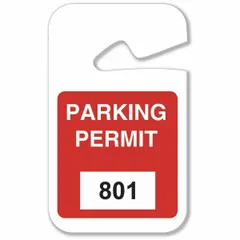 Vinyl parking hanger in red, with a card height of 4 3/4 inches and overall width of 2 3/4 inches. Used to designate authorized parking in lots or facilities by hanging from a rearview mirror.