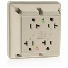 This quad receptacle provides four outlets in a single gang for powering multiple devices. Rated 125V AC, 20A, NEMA 5-20, 2 pole / 3 wire, with an ivory finish. Suitable for general-purpose use in commercial and industrial settings such as offices, workshops, and light manufacturing.