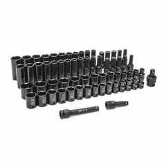 This 65-piece impact socket set includes 29 six-point SAE sockets and 22 six-point metric sockets ranging from 10 mm to 24 mm, all with a 1/2 in drive. The sockets feature a manganese phosphate finish and a friction retention design. Suitable for use with impact wrenches in automotive, industrial, and construction applications.