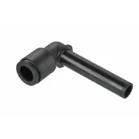 Nylon and nickel-plated brass elbow fitting with push-to-connect x push-to-connect ends for 6 mm OD tubing. Black finish. Used to join two tubes at a 90-degree angle in pneumatic or low-pressure fluid systems without tools