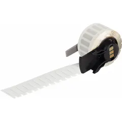 Precut label roll for use with Brady M611 printer series. Each label measures 21/32 in x 13/64 in and is made of white matte polyimide. Suitable for industrial identification and labeling applications requiring durable, heat-resistant labels.