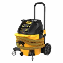 Dry/wet dust extractor with HEPA filtration. 10-gallon plastic tank. 155 cfm air flow. 36 mm hose diameter. For general construction and workshop dust collection from sanding, cutting, and drilling.