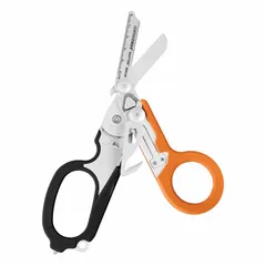 Reusable trauma shears with 8-inch overall length. Stainless steel blades have rounded ends for safety. Glass-filled nylon handles in orange provide grip. Suitable for cutting clothing, bandages, and light materials in emergency medical settings.