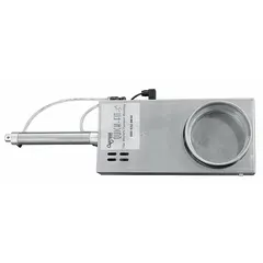 This blast gate is designed for 8-inch duct diameter and features a galvanized steel blade with 20-gauge thickness. It has an overall length of 5-1/2 inches and includes one air cylinder for pneumatic operation. Used to control airflow in dust collection and ventilation systems.