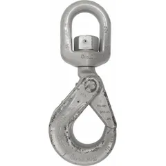 Alloy steel self-locking hook with swivel and plain finish, rated Grade 100. Working load limit 28,240 lb. Features visual indicator markings for deformation and max angle. Used in lifting and rigging applications for secure load attachment.