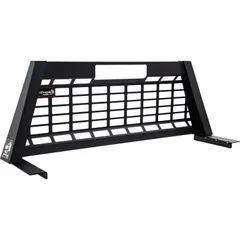This headache rack is a truck cab protector made of carbon steel with a black finish. It has an overall width of 71 inches and an overall height of 20 1/5 inches. Designed for use with Silverado/Sierra 1500 2020-Current trucks, it helps protect the cab from shifting cargo in the bed.